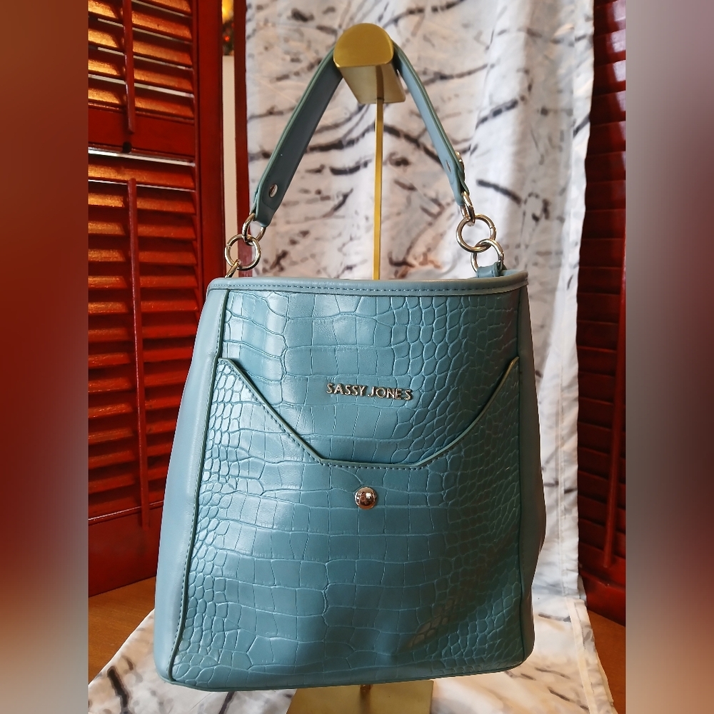 Sassy Jones Teal Croc-Embossed Tote Bag